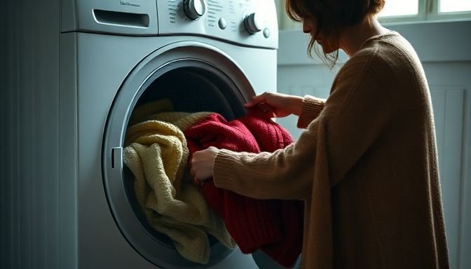 Ένα άτομο φορτώνει ένα πλυντήριο με πολύχρωμα μάλλινα ρούχα.