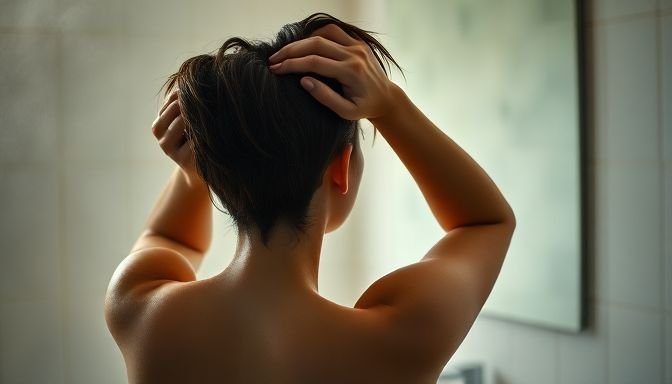 Άτομο που στεγνώνει τα μαλλιά του σε μπάνιο.