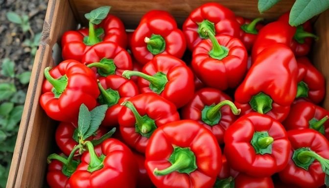 Φρέσκες κόκκινες πιπεριές σε ξύλινη κούτα