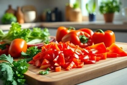 Σκηνή προετοιμασίας υγιεινού γεύματος με κόκκινες πιπεριές