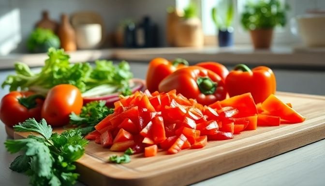 Σκηνή προετοιμασίας υγιεινού γεύματος με κόκκινες πιπεριές