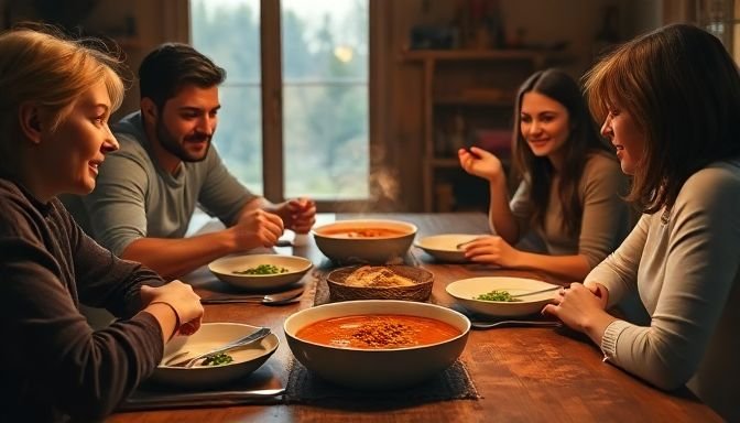 Το απλό καθημερινό τρόφιμο που προστατεύει καρδιά, νεφρά και προσδόκιμο ζωής 3 Μια οικογένεια που απολαμβάνει φακή σούπα σε τραπέζι.