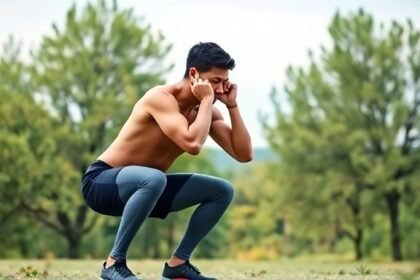 Ένα άτομο εκτελεί βαθύ κάθισμα σε φυσικό περιβάλλον, δείχνοντας σωστή στάση και τεχνική.