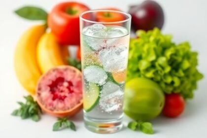 Ένα ποτήρι νερού γεμάτο, περιτριγυρισμένο από φρέσκα φρούτα και λαχανικά, αντιπροσωπεύοντας τις υγιεινές επιλογές ενυδάτωσης.
