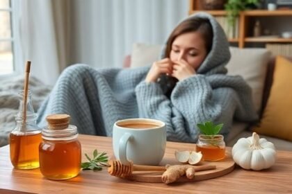 Σκηνή με άνθρωπο σε ζεστό περιβάλλον, απολαμβάνοντας τσάι και φυσικά συστατικά για ανακούφιση από το κρυολόγημα.