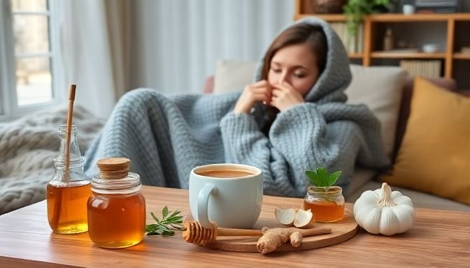 Σκηνή με άνθρωπο σε ζεστό περιβάλλον, απολαμβάνοντας τσάι και φυσικά συστατικά για ανακούφιση από το κρυολόγημα.