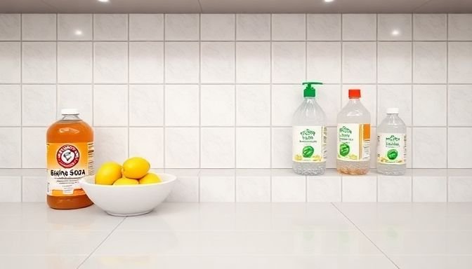 Καθαροί αρμοί πλακιδίων στην κουζίνα με φυσικές καθαριστικές λύσεις.