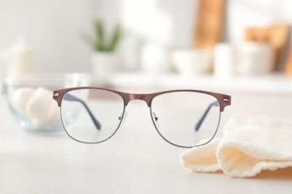 Καθαρά γυαλιά σε κουζίνα με μείγμα καθαρισμού από μαγειρική σόδα και λευκό ξίδι.