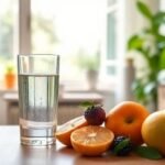 Ένα ήρεμο περιβάλλον που συμβολίζει την αυτοβελτίωση με νερό, φρέσκα φρούτα και φυσικό φωτισμό.