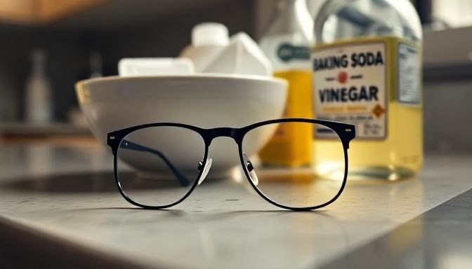 Γυαλιά με υλικά καθαρισμού σε κουζίνα