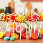 Σπιτικά γλειφιτζούρια σε ξύλινη επιφάνεια κουζίνας, χρωματιστά και διακοσμημένα, που προωθούν τη δημιουργικότητα με τα παιδιά.