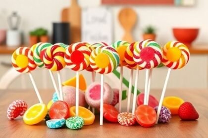 Σπιτικά γλειφιτζούρια σε ξύλινη επιφάνεια κουζίνας, χρωματιστά και διακοσμημένα, που προωθούν τη δημιουργικότητα με τα παιδιά.