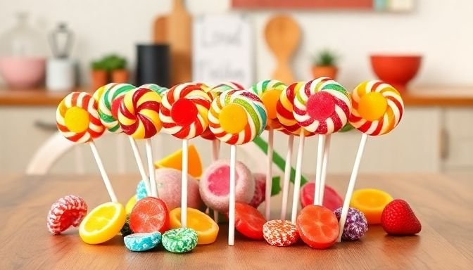 Σπιτικά γλειφιτζούρια σε ξύλινη επιφάνεια κουζίνας, χρωματιστά και διακοσμημένα, που προωθούν τη δημιουργικότητα με τα παιδιά.