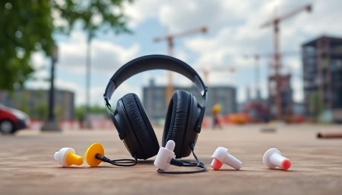 Εικόνα που απεικονίζει την προστασία της ακοής με ωτοασπίδες και προστατευτικά ακουστικά σε ήρεμο περιβάλλον.