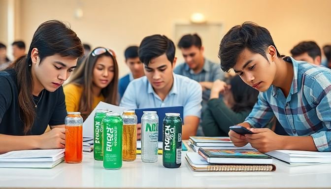 Ομάδα φοιτητών που μελετούν με ενεργειακά ποτά, αποτυπώνοντας την επίδραση των ενεργειακών ποτών στην ποιότητα ύπνου.