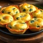 Φρέσκα σπανακοπιτάκια στο φούρνο με χρυσή επιφάνεια, σερβιρισμένα σε ξύλινη επιφάνεια, με στοιχεία φρέσκων βοτάνων.