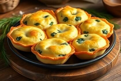 Φρέσκα σπανακοπιτάκια στο φούρνο με χρυσή επιφάνεια, σερβιρισμένα σε ξύλινη επιφάνεια, με στοιχεία φρέσκων βοτάνων.