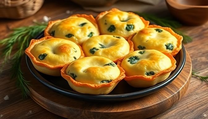 Φρέσκα σπανακοπιτάκια στο φούρνο με χρυσή επιφάνεια, σερβιρισμένα σε ξύλινη επιφάνεια, με στοιχεία φρέσκων βοτάνων.