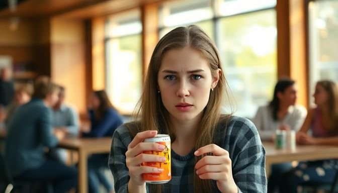 Γυναίκα στην καφετέρια με ενεργειακό ποτό