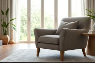 Εικόνα μιας υφασμάτινης καρέκλας σε κομψό καθιστικό.