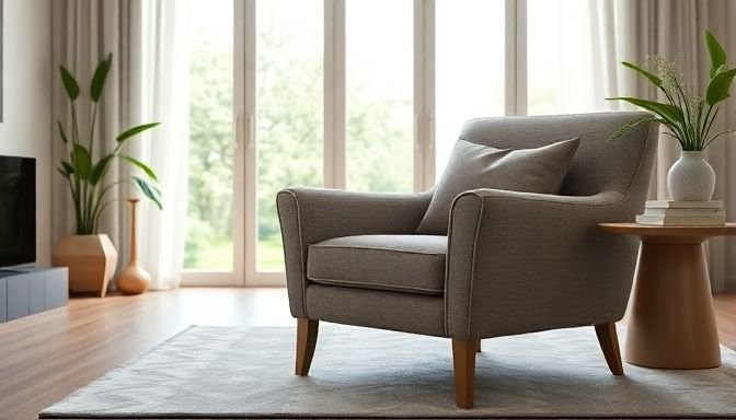 Εικόνα μιας υφασμάτινης καρέκλας σε κομψό καθιστικό.