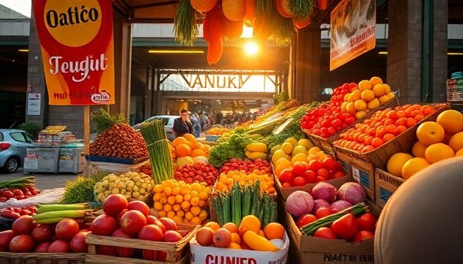 Ένα πολύχρωμο πάγκο γεμάτο φρούτα και λαχανικά στην αγορά