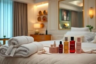 Μια πολυτελής δωμάτιο ξενοδοχείου με τα πιο συχνά κλεμμένα αντικείμενα όπως πετσέτες, μπουρνούζια και καλλυντικά