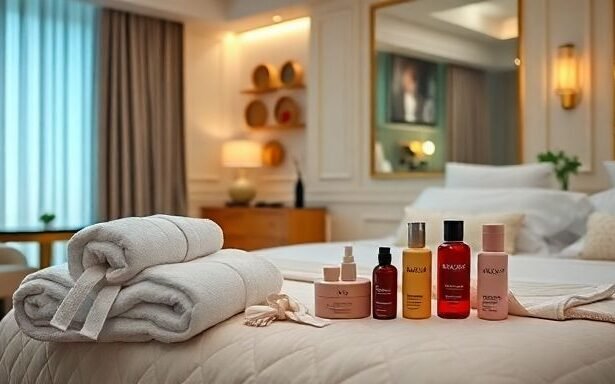 Μια πολυτελής δωμάτιο ξενοδοχείου με τα πιο συχνά κλεμμένα αντικείμενα όπως πετσέτες, μπουρνούζια και καλλυντικά