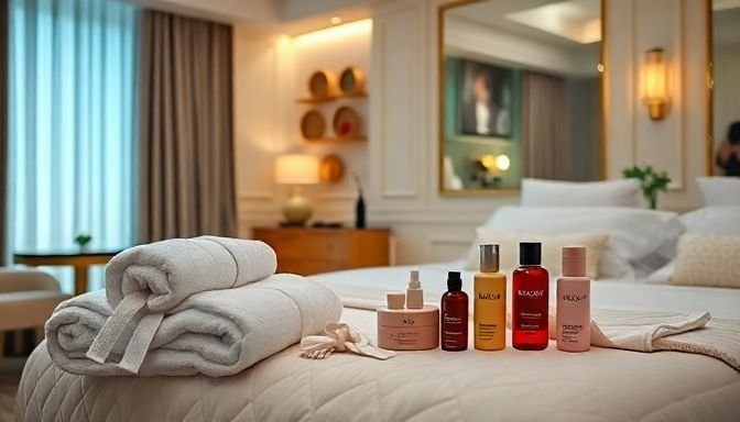 Μια πολυτελής δωμάτιο ξενοδοχείου με τα πιο συχνά κλεμμένα αντικείμενα όπως πετσέτες, μπουρνούζια και καλλυντικά