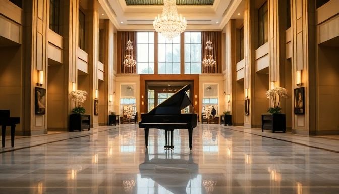 Ένα πολυτελές λόμπι ξενοδοχείου με ένα πιάνο