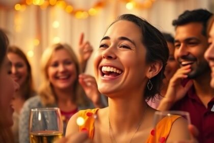 Άτομο που κλαίει από χαρά σε μια ευτυχισμένη στιγμή γιορτής με φίλους και οικογένεια.