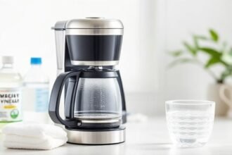 Μια καθαρή καφετιέρα και υλικά καθαρισμού όπως λευκό ξίδι και νερό.