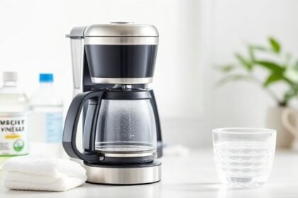 Μια καθαρή καφετιέρα και υλικά καθαρισμού όπως λευκό ξίδι και νερό.