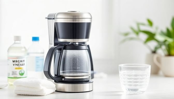 Μια καθαρή καφετιέρα και υλικά καθαρισμού όπως λευκό ξίδι και νερό.