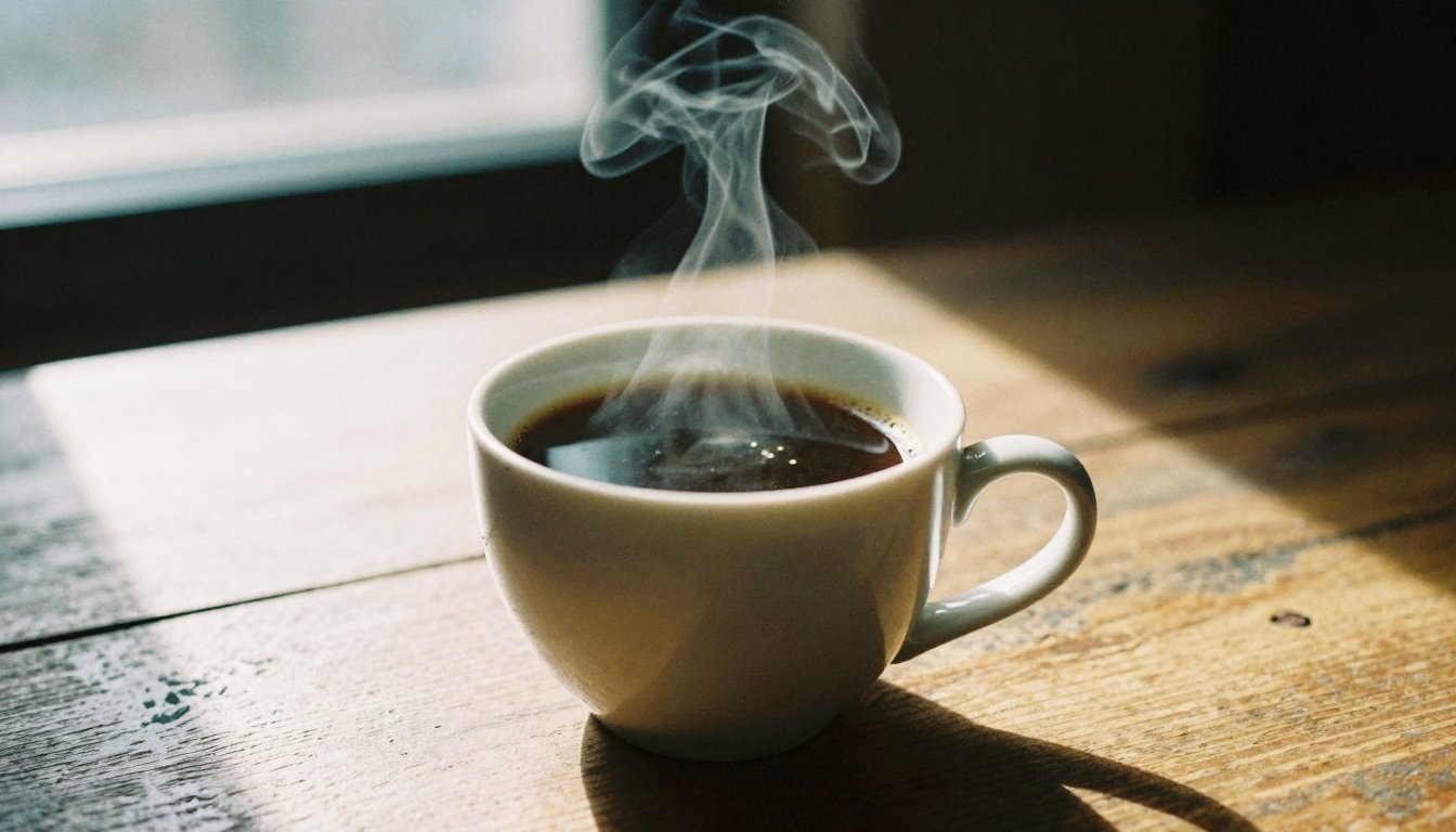 Ένα φλιτζάνι μαύρου καφέ σε ξύλινο τραπέζι