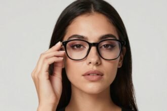 Γυναίκα που φοράει γυαλιά και εφαρμόζει μακιγιάζ