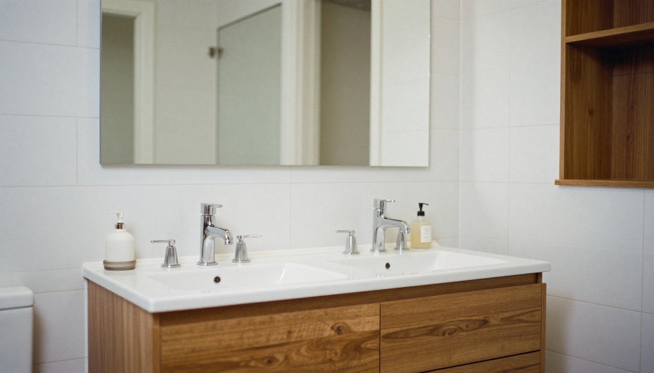 Σύγχρονο μπάνιο με διπλό νιπτήρα και ξύλινες λεπτομέρειες