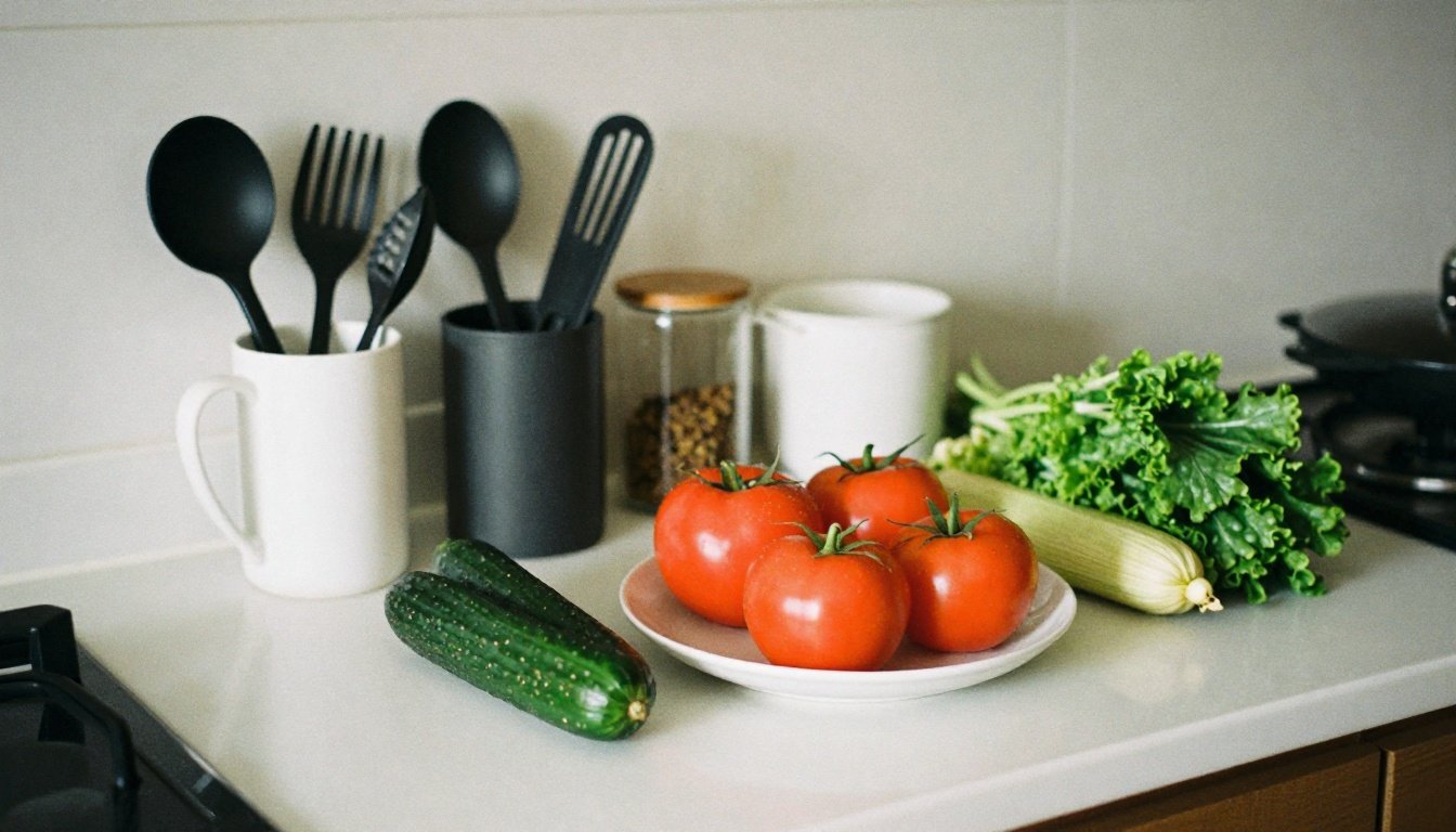 Το μυστικό των ειδικών: Ποιο σημείο της κουζίνας μπορείτε να αγνοήσετε 2 Καθαρός και οργανωμένος πάγκος κουζίνας με φρέσκα υλικά