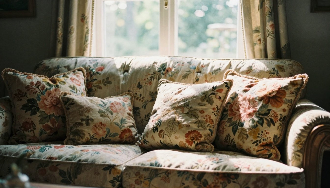 Ένα σαλόνι με λουλουδάτα μαξιλάρια και φυσικό φως