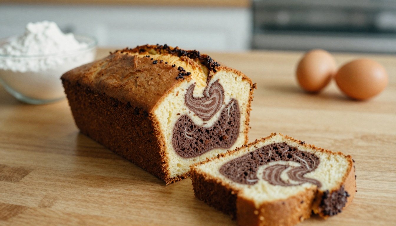 Η πιο αφράτη συνταγή για μαρμπρέ κέικ με σοκολάτα και βανίλια 2 Φωτογραφία ενός φρέσκου μαρμπρέ κέικ σε ξύλινο τραπέζι