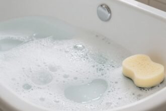 Μία καθαρή μπανιέρα με σαπουνάδες και μαλακό σφουγγάρι δίπλα.