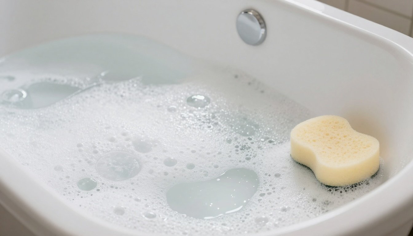 Μία καθαρή μπανιέρα με σαπουνάδες και μαλακό σφουγγάρι δίπλα.