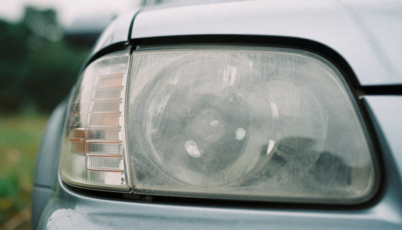 Γιατί τα φανάρια του αυτοκινήτου σου θαμπώνουν και τι μπορείς να κάνεις γι’ αυτό 2 Κοντινή φωτογραφία θαμπών φαναριών αυτοκινήτου