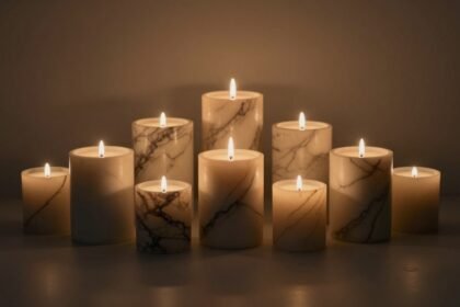 Κεριά με εφέ μαρμάρου σε κομψό περιβάλλον.