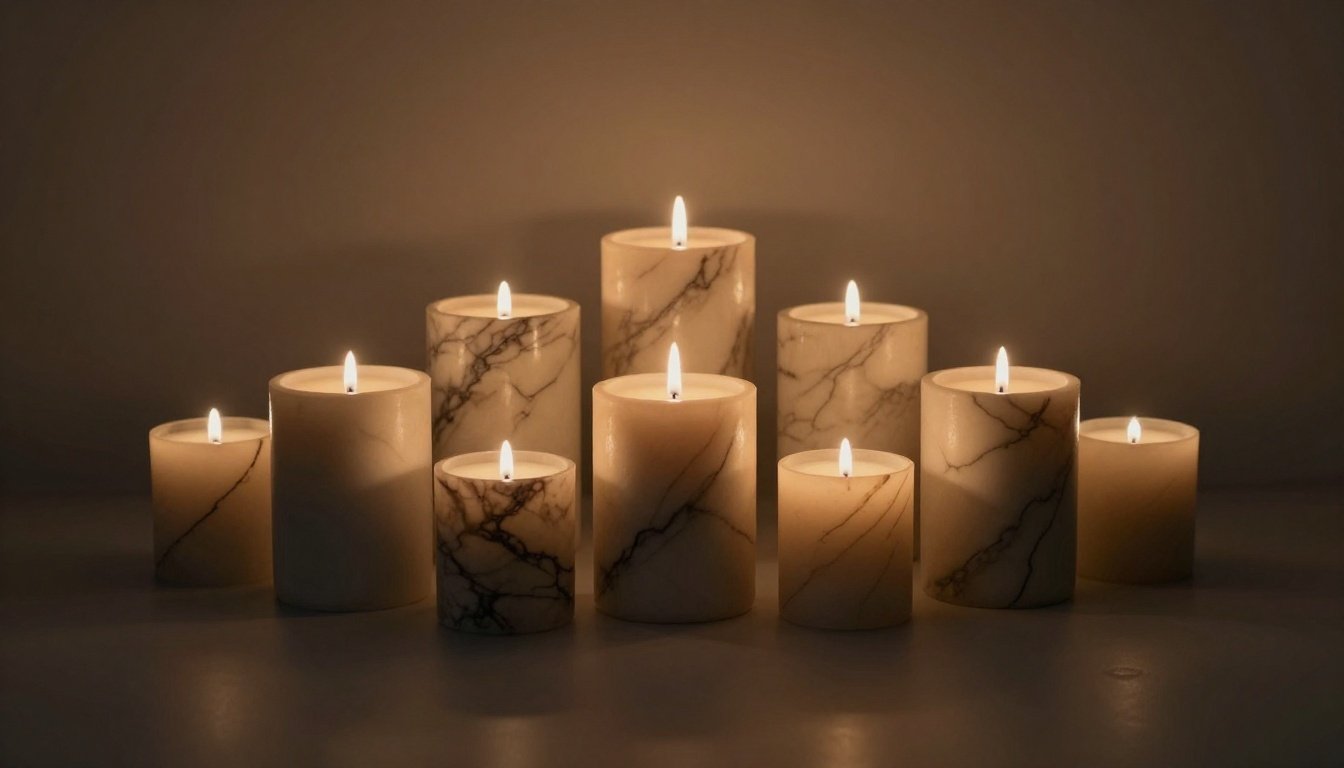 Κεριά με εφέ μαρμάρου σε κομψό περιβάλλον.