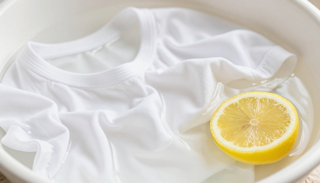 Λευκά ρούχα που μουλιάζουν σε λεκάνη με φέτα λεμονιού