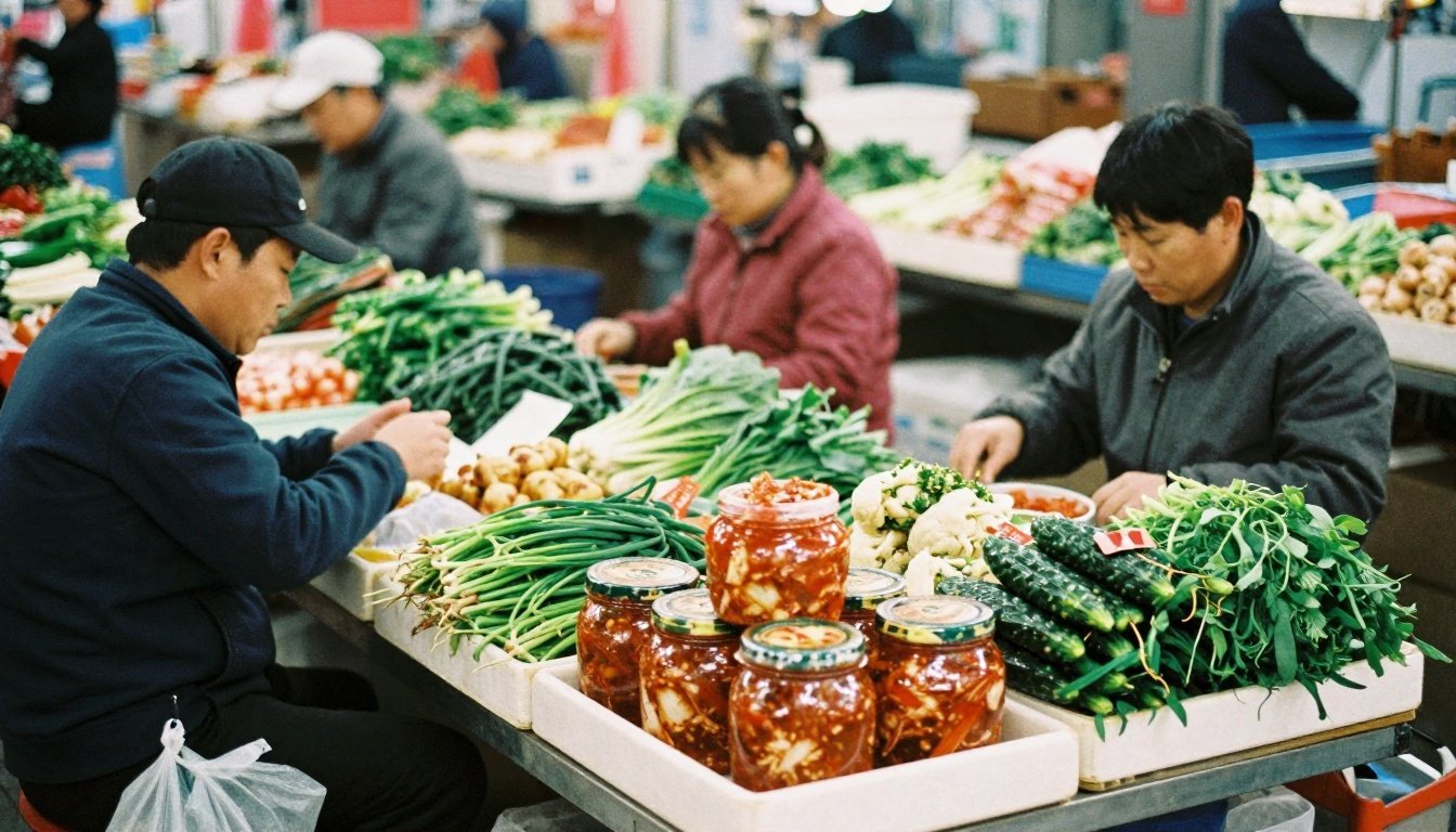 Κοντινή φωτογραφία κορεάτικης αγοράς με λαχανικά και κίμτσι