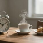 Σκηνή πρωινού με ξυπνητήρι, καφέ και ελαφρύ πρωινό