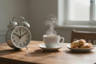 Σκηνή πρωινού με ξυπνητήρι, καφέ και ελαφρύ πρωινό