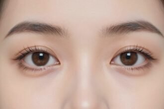 Κοντινό πλάνο γυναικείας επιδερμίδας με μακιγιάζ στην περιοχή κάτω από τα μάτια.